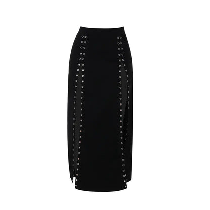 High-Waist Mid-Length Skirt with Rivet and Slit Design