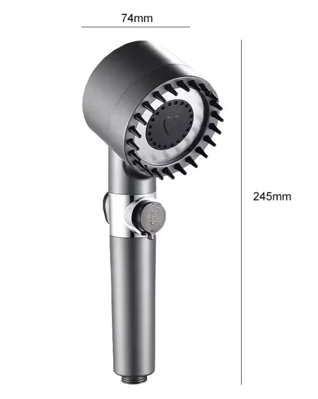 A black high pressure shower head with measurements indicating 74mm diameter and 245mm length.