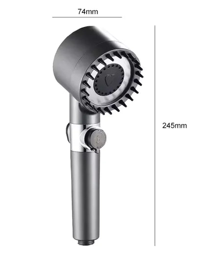 A black high pressure shower head with measurements indicating 74mm diameter and 245mm length.