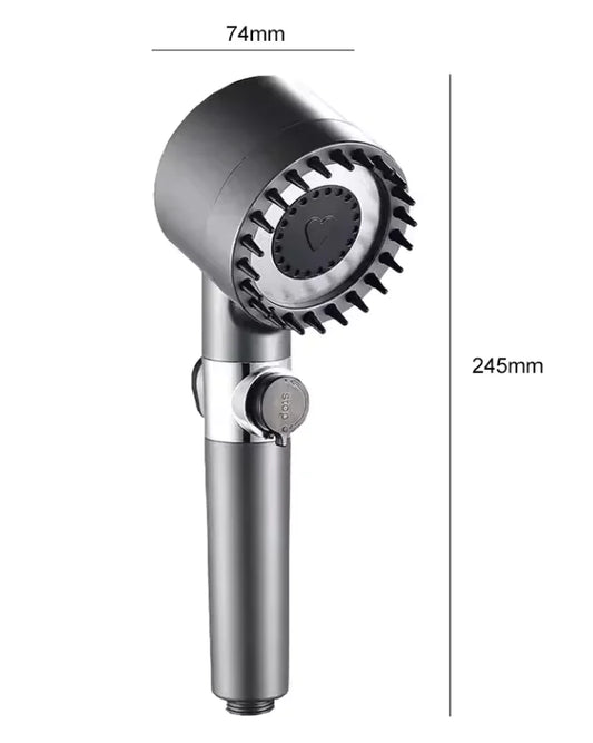 A black high pressure shower head with measurements indicating 74mm diameter and 245mm length.