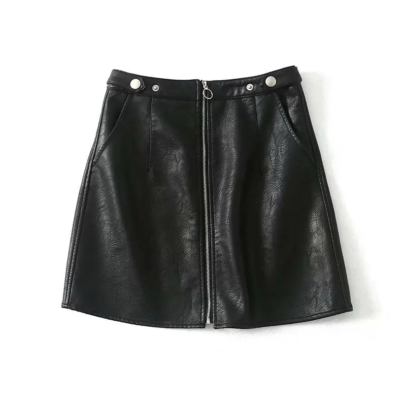 Two A-line PU leather mini skirts, one in black and one in wine red, with a high waist and zipper detailing.