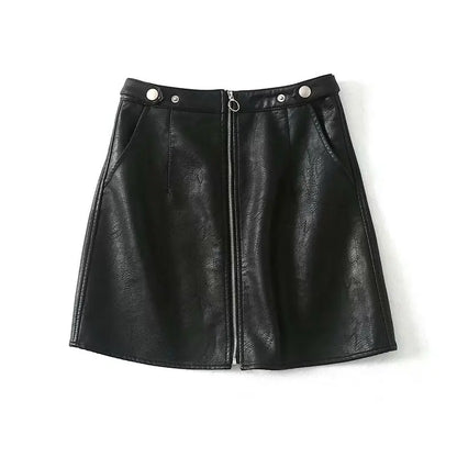 Two A-line PU leather mini skirts, one in black and one in wine red, with a high waist and zipper detailing.