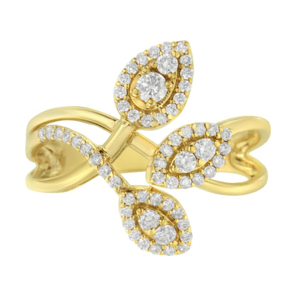 10K Yellow Gold 1/2 Cttw Round-Cut Diamond Layered Crossover Triple Leaf Bypass Ring (I-J Color, I1-I2 Clarity) WEM Support (www.WEM.support)
