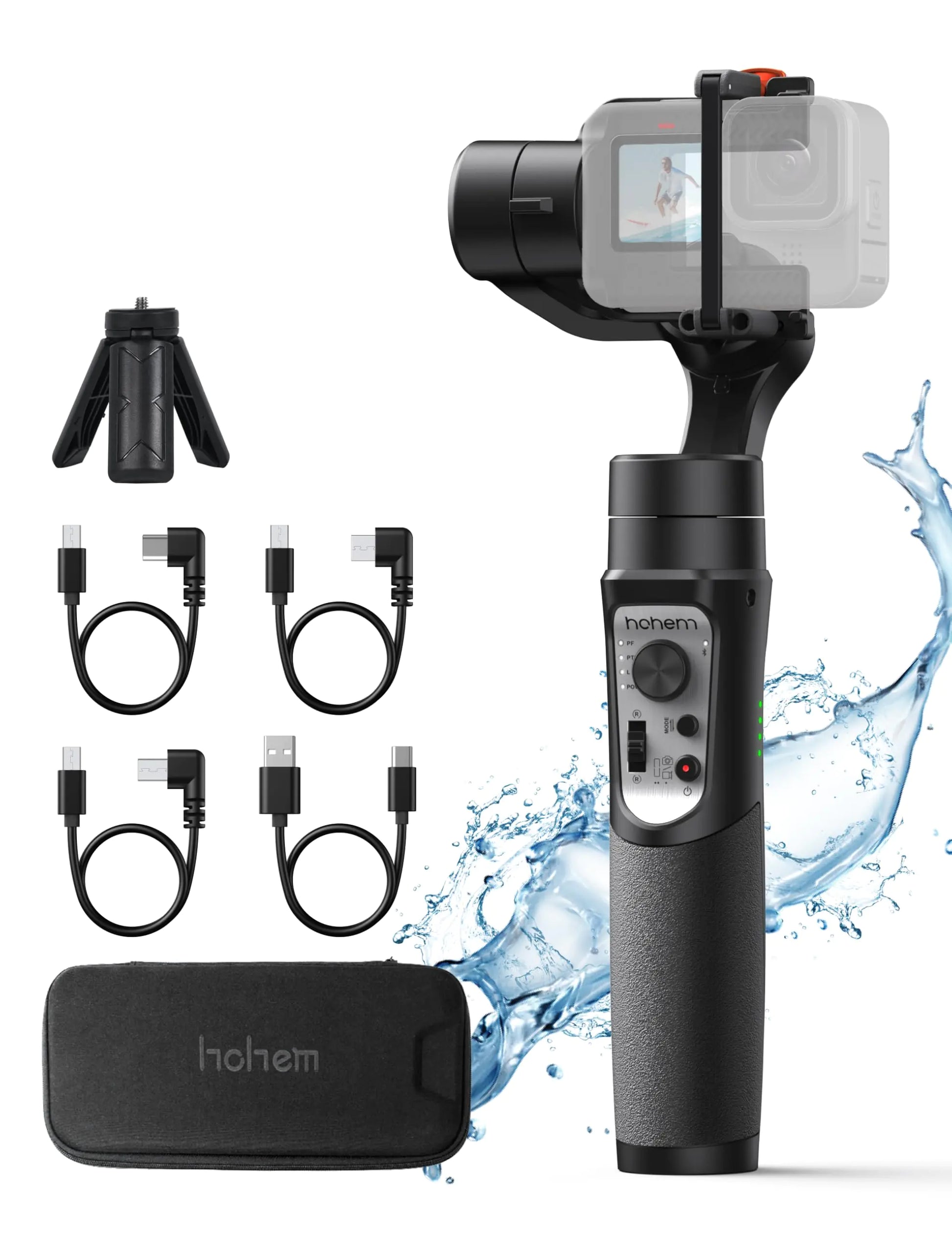 Hohem iSteady Pro 4 3 Axis Gimbal Stabilizer with accessories including a tripod, USB cables, and a carrying case. The stabilizer is designed for cameras like GoPro and Osmo Action.