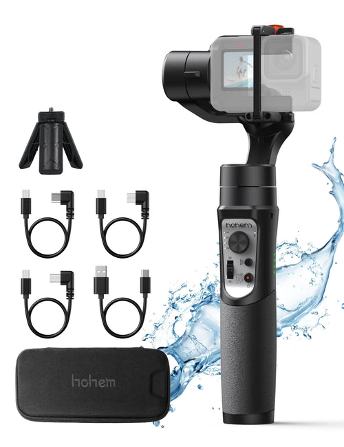 Hohem iSteady Pro 4 3 Axis Gimbal Stabilizer with accessories including a tripod, USB cables, and a carrying case. The stabilizer is designed for cameras like GoPro and Osmo Action.