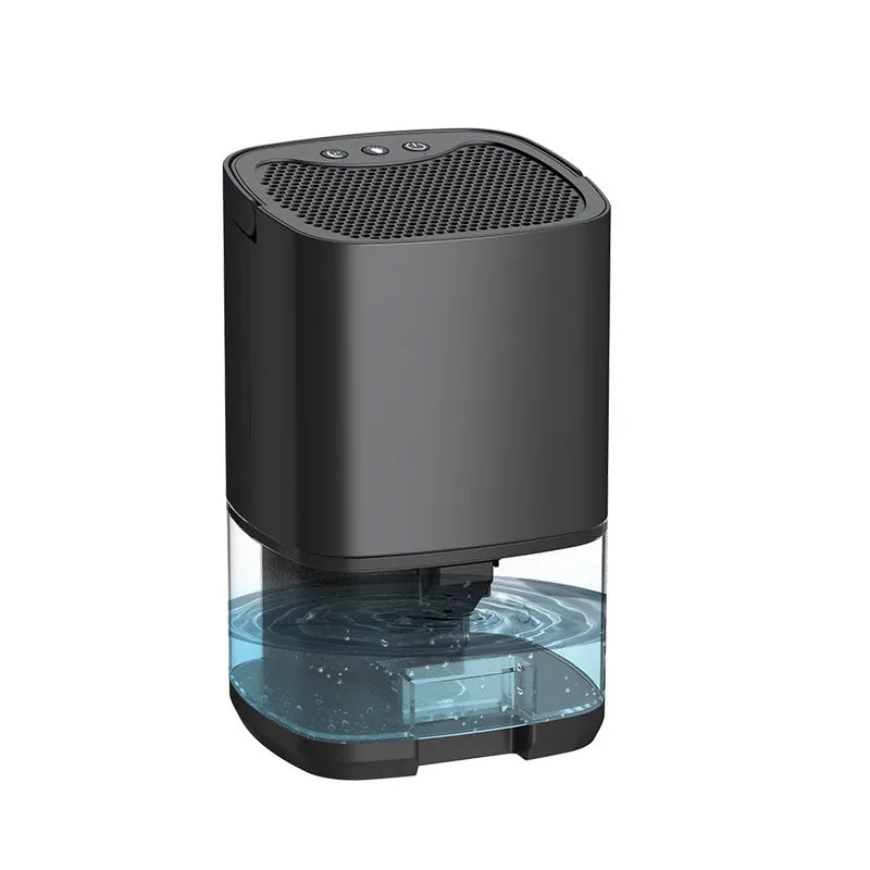 A compact and modern dehumidifier with a black upper section and a clear blue water reservoir at the bottom.
