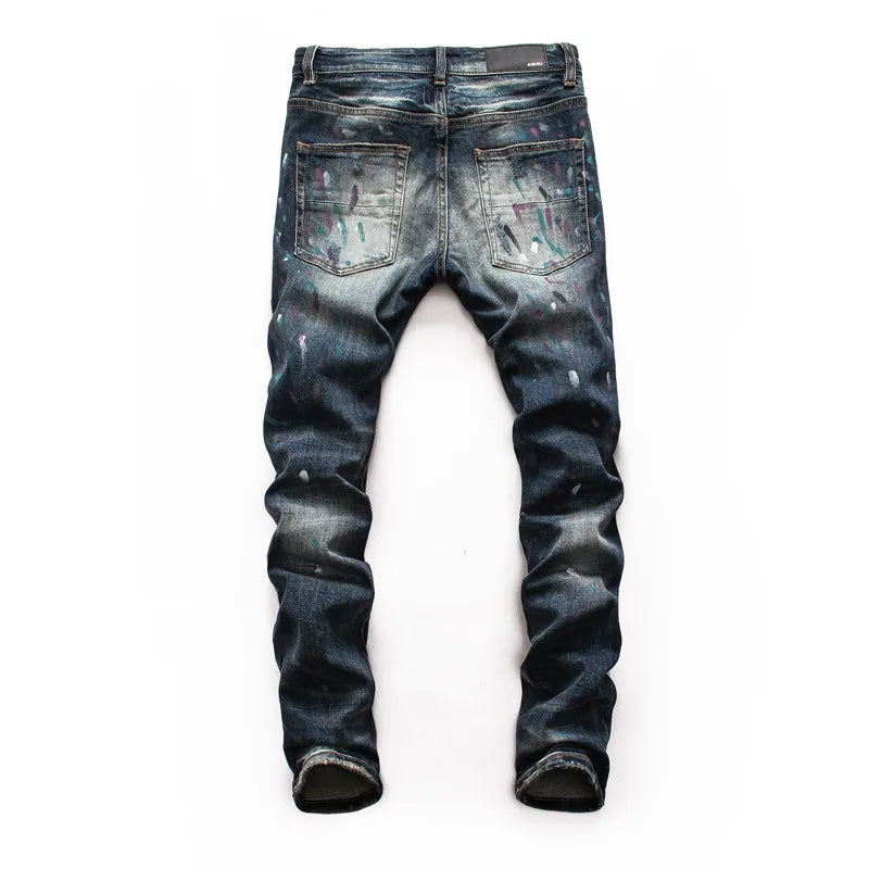 Men's Ripped Patch Jeans Youth Slim Pants Biker Pants Inkjet Personality WEM Support (www.WEM.support)
