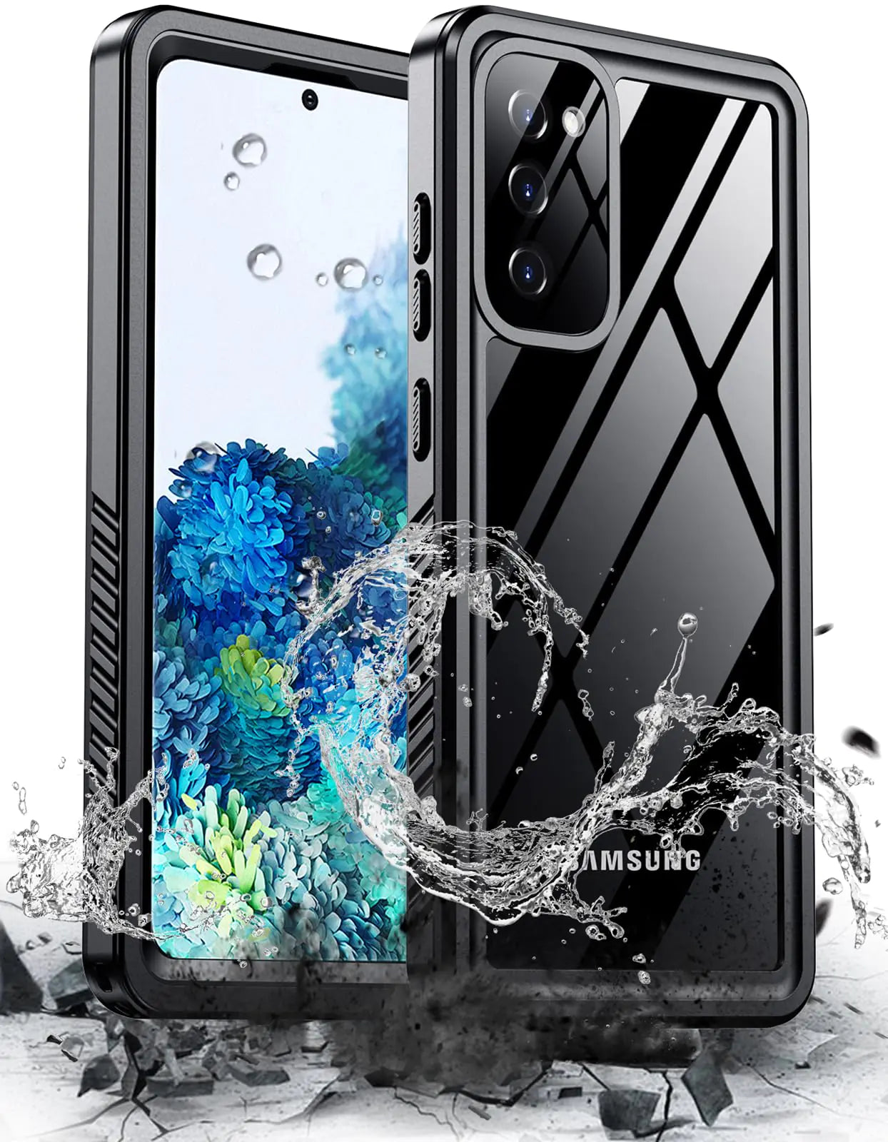 A black Samsung Galaxy S20 FE case with a clear back cover showing a built-in lens and screen protector, providing waterproof and rugged protection.