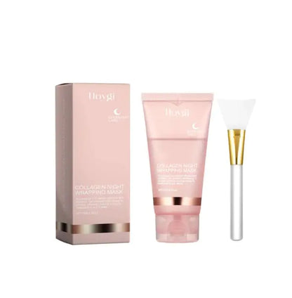 A hydrating collagen peel-off mask product by Hsyij, including the packaging box, a tube with the mask, and a application brush, all displayed against a white background.