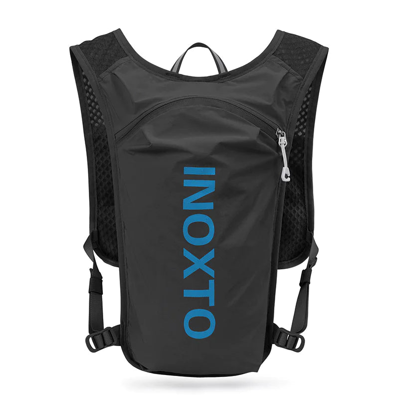 A black hydration backpack with blue text on the front, designed for running or outdoor activities.