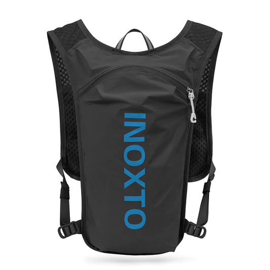 A black hydration backpack with blue text on the front, designed for running or outdoor activities.