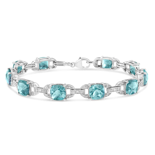 .925 Sterling Silver 7x7 mm Cushion Cut Blue Topaz and 1/20 cttw Round Cut Diamond Fashion Tennis Bracelet (I-J Color, I1-I2 Clarity) - 7" WEM Support (www.WEM.support)