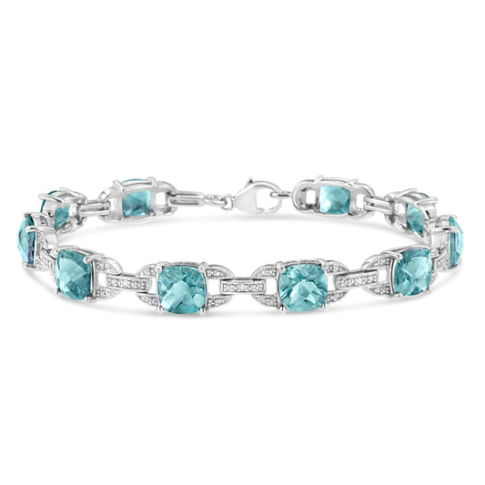 .925 Sterling Silver 7x7 mm Cushion Cut Blue Topaz and 1/20 cttw Round Cut Diamond Fashion Tennis Bracelet (I-J Color, I1-I2 Clarity) - 7" WEM Support (www.WEM.support)