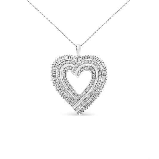 .925 Sterling Silver 1 1/4 Cttw Round and Baguette-Cut Diamond Composite Heart 18" Pendant Necklace (I-J Color, I1-I2 Clarity) WEM Support (www.WEM.support)