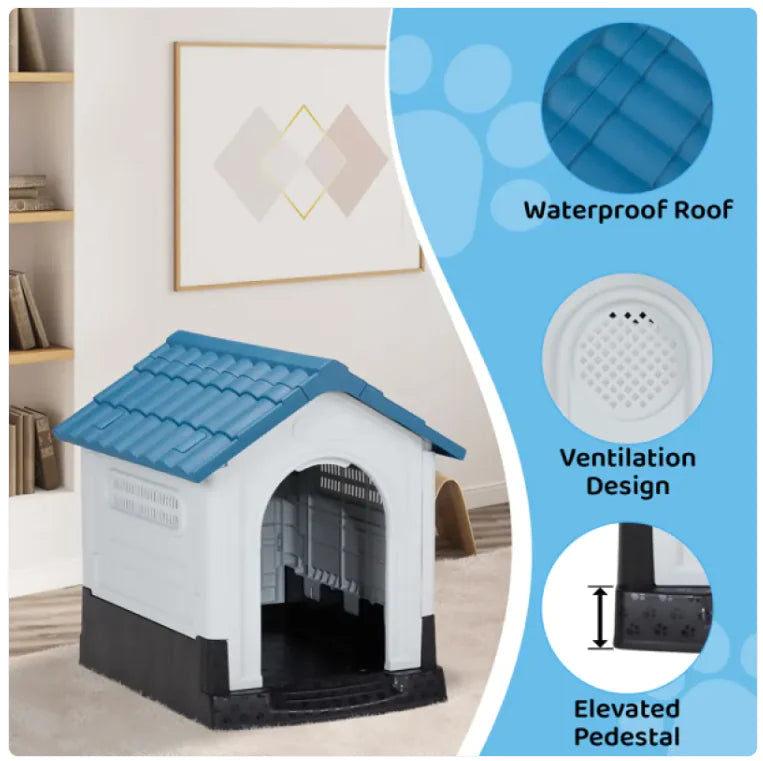 26-Inch Blue & White PVC Pet Cottage with Shutter Design WEM Support (www.WEM.support)