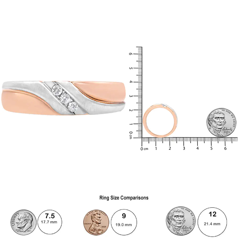 10K White and Rose Gold 1/10 Cttw 3-Stone Tension Slant Band Matte Finish Ring for Men (I-J Color, I2-I3 Clarity) WEM Support (www.WEM.support)