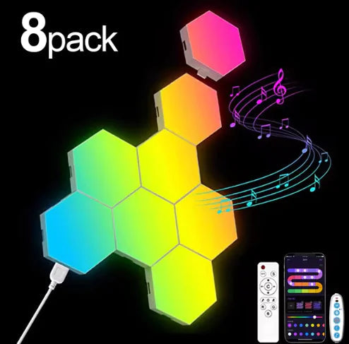 Lâmpada de Parede Hexagonal RGB Inteligente – Luz Ambiente com Mudança de Cores, Sincronização com Música e Controle por App WEM Support (www.WEM.support)