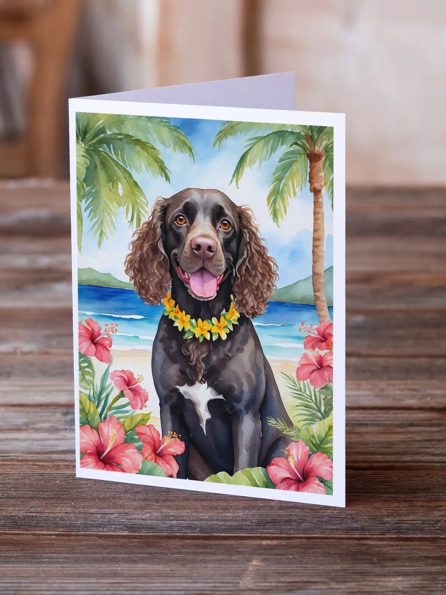 American Water Spaniel Luau Greeting Cards Pack of 8 WEM Support (www.WEM.support)