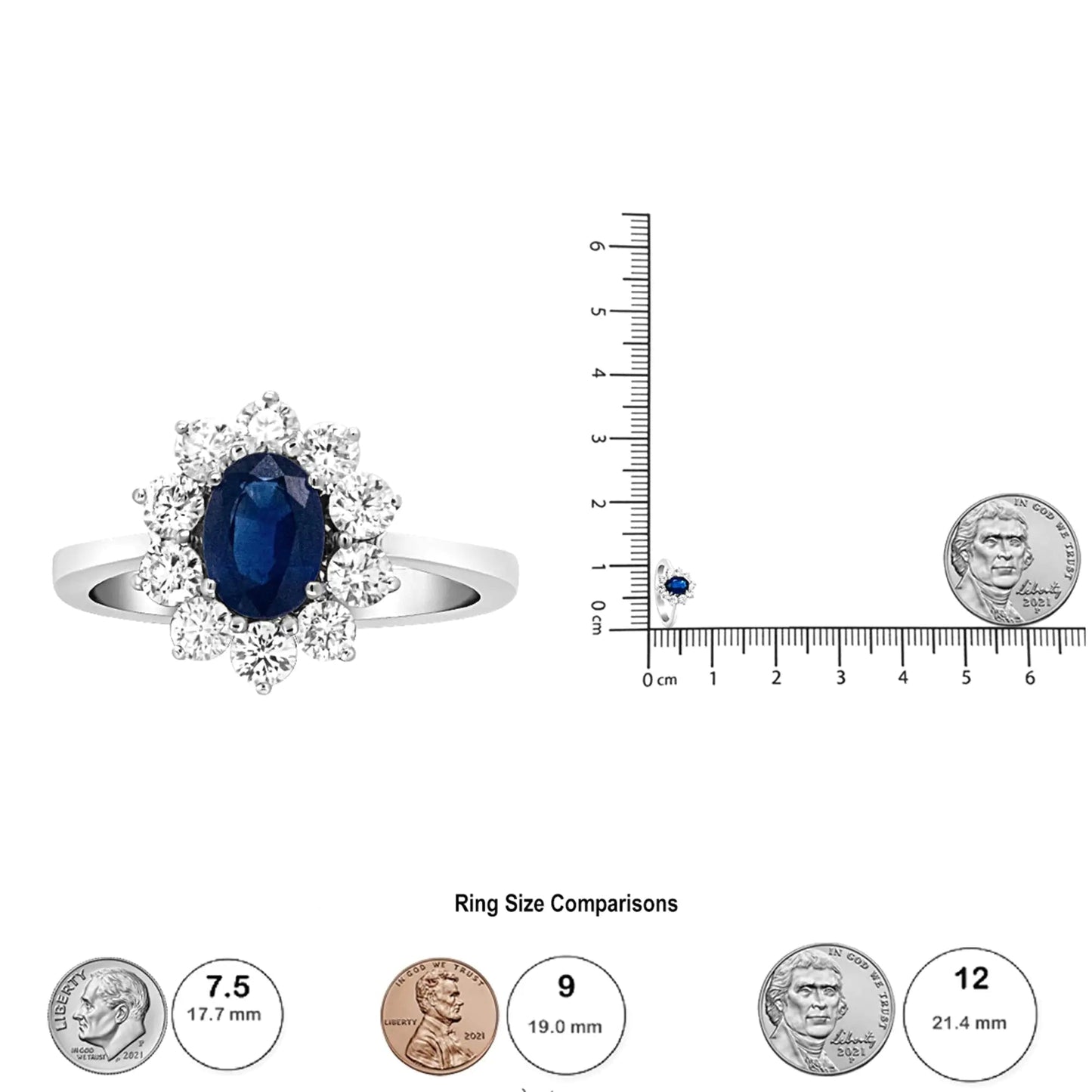 18K White Gold 7x5 mm Oval Cut Blue Sapphire and Round Diamond 3/4 Cttw Sunburst Halo Ring (F-G Color, VS1-VS2 Clarity) WEM Support (www.WEM.support)