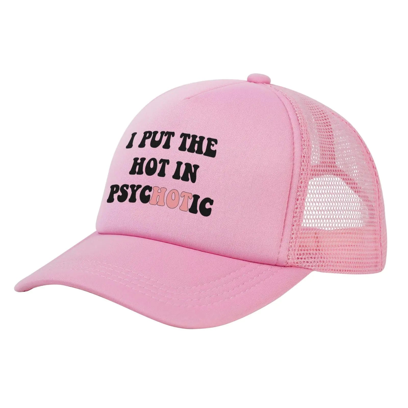 A pink trucker hat with the text 'ASK ME ABOUT MY TRAMP STAMP' printed on the front.