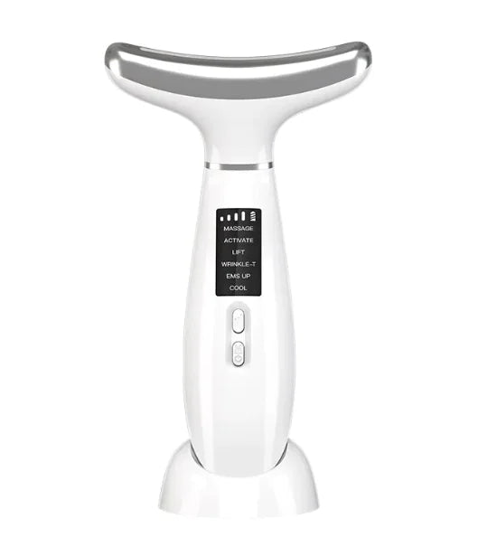 A pink ice compress neck therapy massager with a digital display and buttons on the handle.