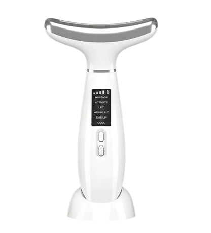 A pink ice compress neck therapy massager with a digital display and buttons on the handle.