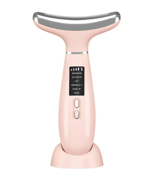A pink ice compress neck therapy massager with a digital display and buttons on the handle.
