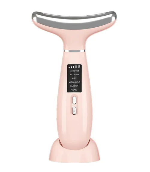 A pink ice compress neck therapy massager with a digital display and buttons on the handle.