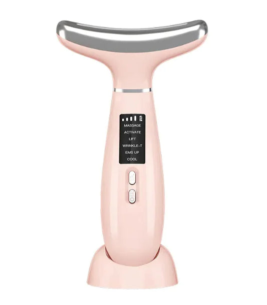 A pink ice compress neck therapy massager with a digital display and buttons on the handle.
