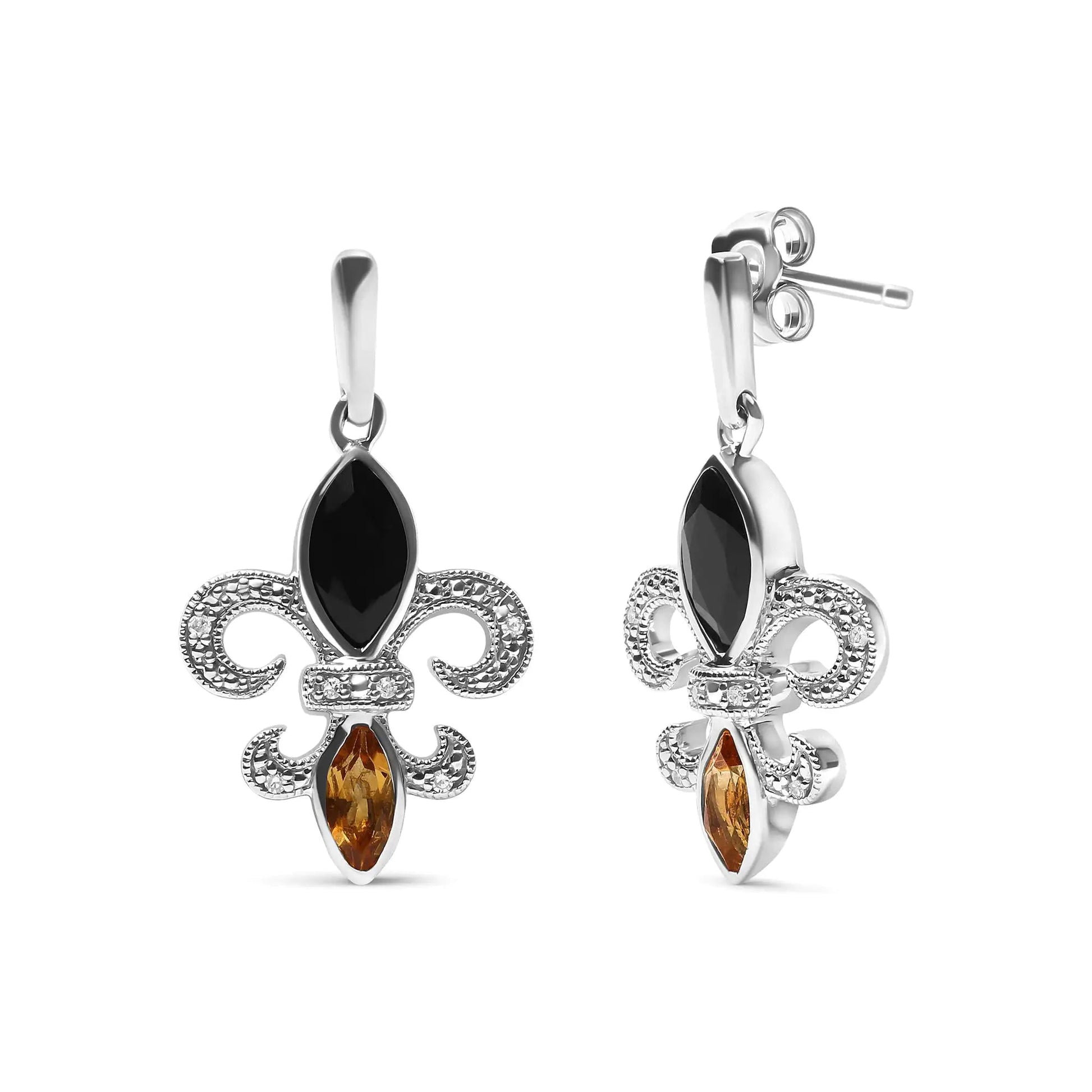 .925 Sterling Silver Marquise Cut Onyx and Citrine with Diamond Accent Fleur De Lis Drop Stud Earrings (H-I Color, SI1-SI2 Clarity) WEM Support (www.WEM.support)