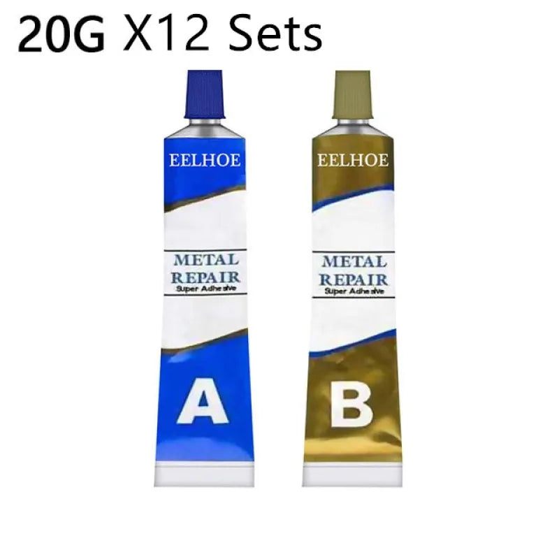 Two tubes of EELHOE metal repair adhesive, one labeled A and one labeled B, in blue and gold colors, indicating a two-component system.