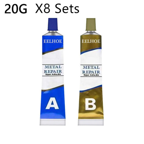 Two tubes of EELHOE metal repair adhesive, one labeled A and one labeled B, in blue and gold colors, indicating a two-component system.
