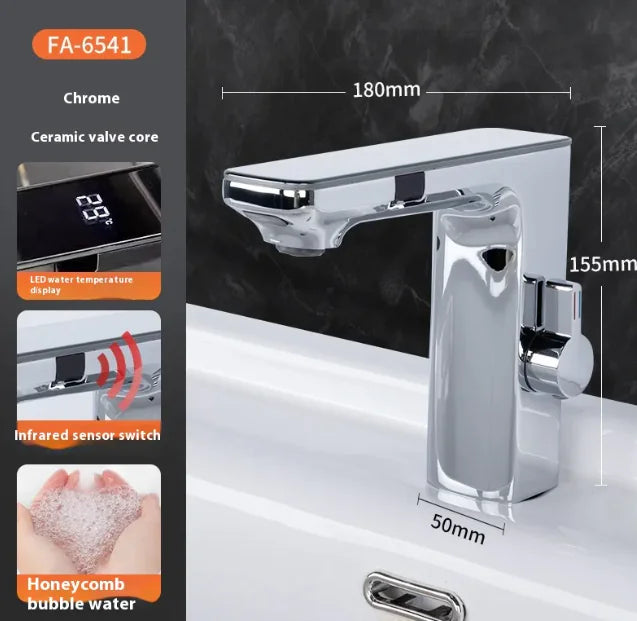 A silver basin faucet with chrome finish, featuring an infrared sensor and digital display, with dimensions provided in the image.