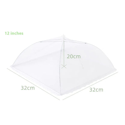 A white insect-proof food cover with dimensions labeled, indicating 14 inches, 22 cm, 38 cm, and 38 cm.