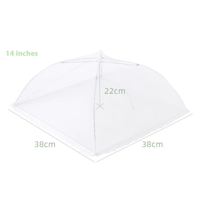 A white insect-proof food cover with dimensions labeled, indicating 14 inches, 22 cm, 38 cm, and 38 cm.