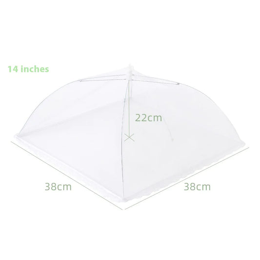 A white insect-proof food cover with dimensions labeled, indicating 14 inches, 22 cm, 38 cm, and 38 cm.