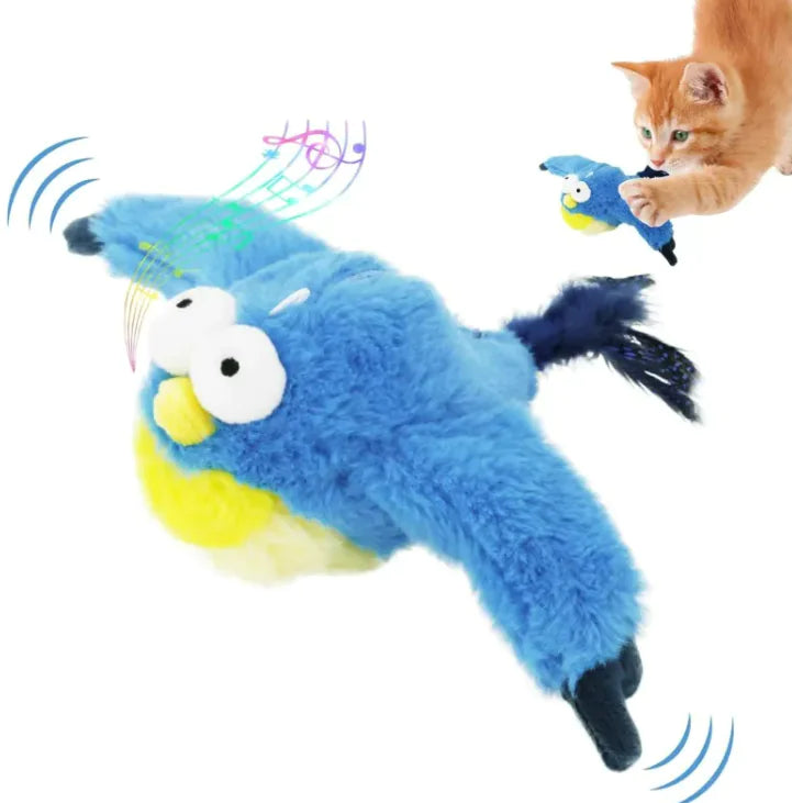 Interactive plush bird cat toy with a grey body, black and white head resembling a cat, and a small speaker device attached to its chest. The toy is shown in motion with a depiction of sound waves indicating it makes chirping sounds.