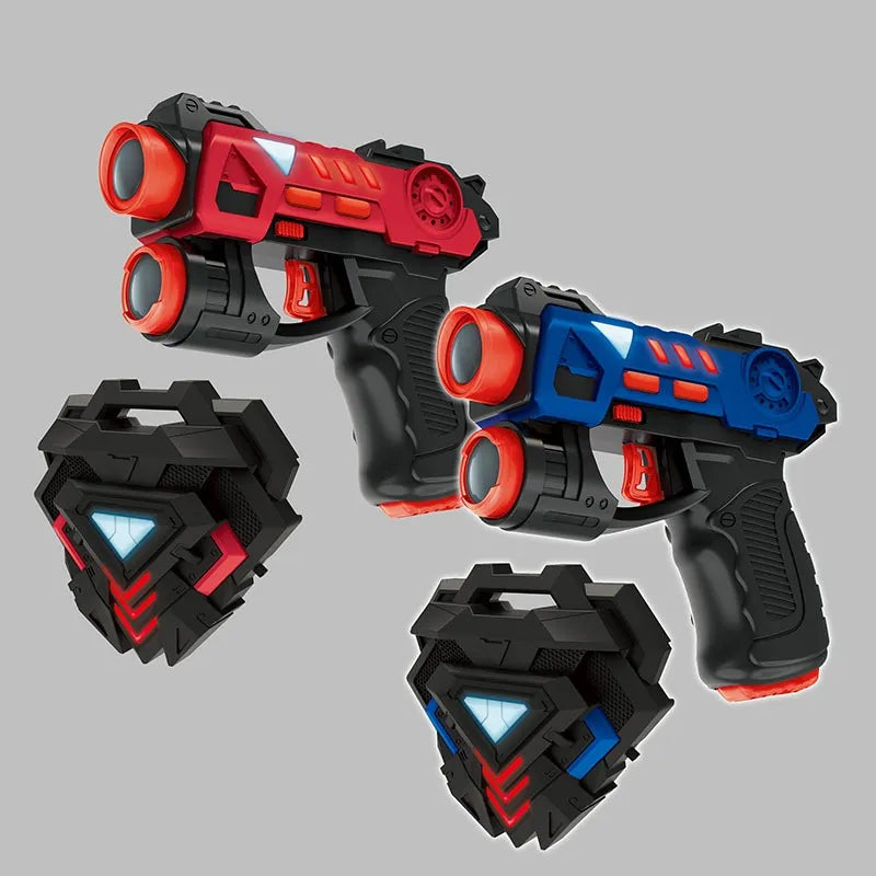A set of infrared toy guns designed for interactive video gameplay, showing multiple colors and models with attachments.
