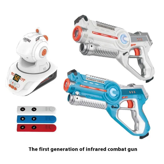A set of infrared toy guns designed for interactive video gameplay, showing multiple colors and models with attachments.