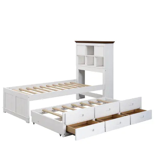 Solid Pine Captain Bookcase Bed With Trundle Bed And 3 Spacious Under Bed Drawers In Casual,Twin, White Walnut WEM Support (www.WEM.support)
