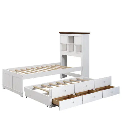 Solid Pine Captain Bookcase Bed With Trundle Bed And 3 Spacious Under Bed Drawers In Casual,Twin, White Walnut WEM Support (www.WEM.support)