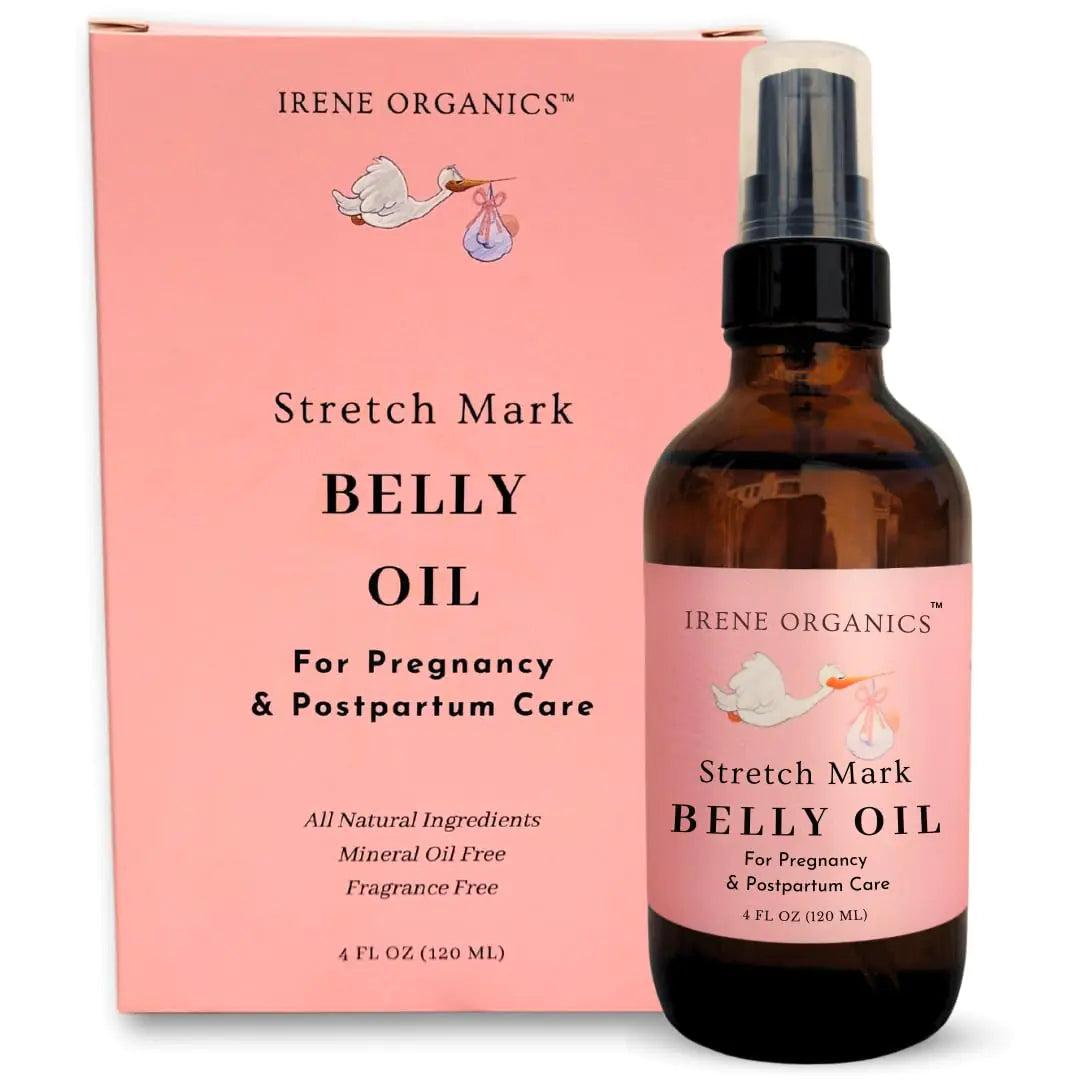 A bottle of Irene Organics Stretch Mark Belly Oil for Pregnancy & Postpartum Care, with its packaging box, indicating all-natural ingredients and fragrance-free.