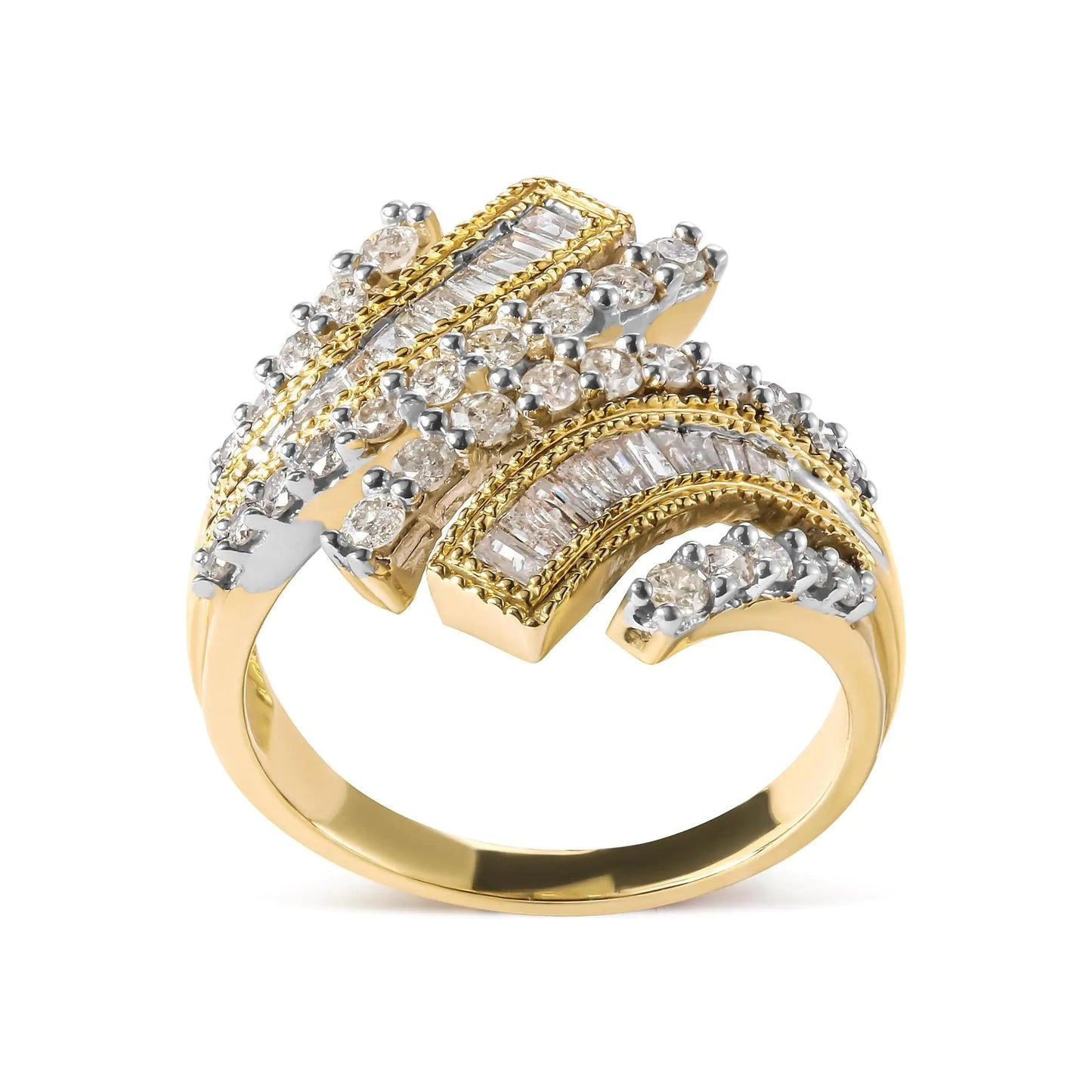10K Yellow Gold 1.0 Cttw Round and Baguette Diamond Woven Bypass Ring (H-I,I1-I2) WEM Support (www.WEM.support)