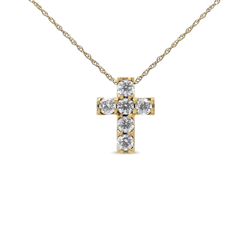 14K Yellow Gold 1/2 Cttw Round Brilliant Cut Diamond Mini Cross 18" Pendant Necklace (J-K Color, VS2-SI1 Clarity) WEM Support (www.WEM.support)
