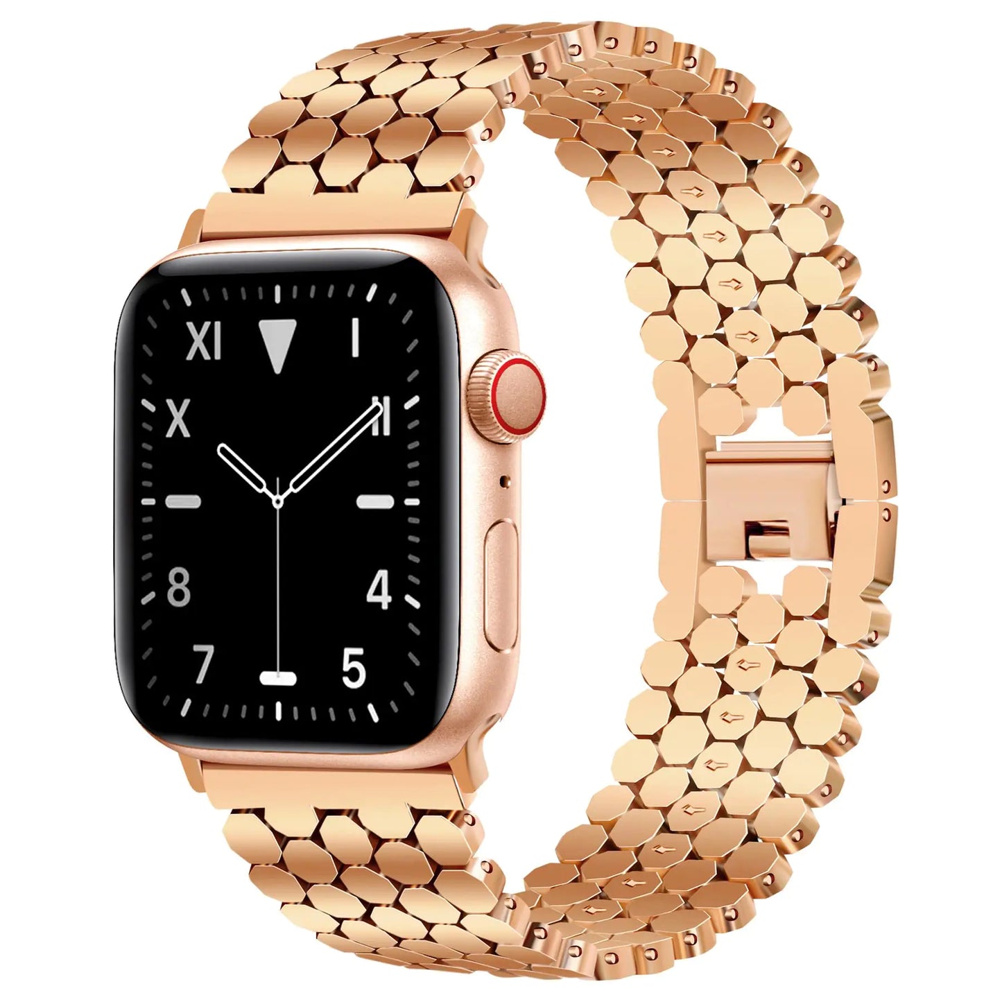 A gold-colored metal band with a honeycomb pattern designed for Apple Watches.