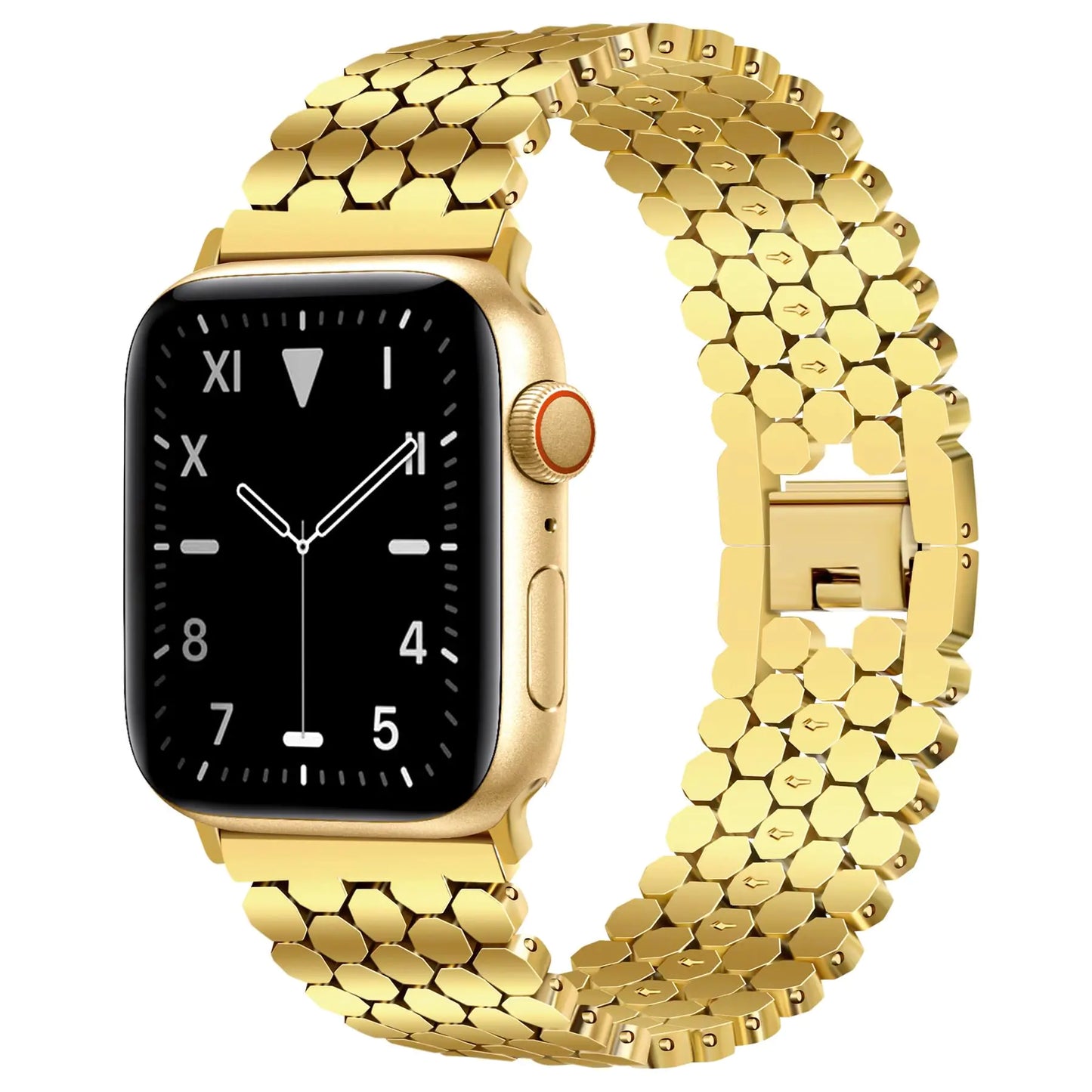 A gold-colored metal band with a honeycomb pattern designed for Apple Watches.