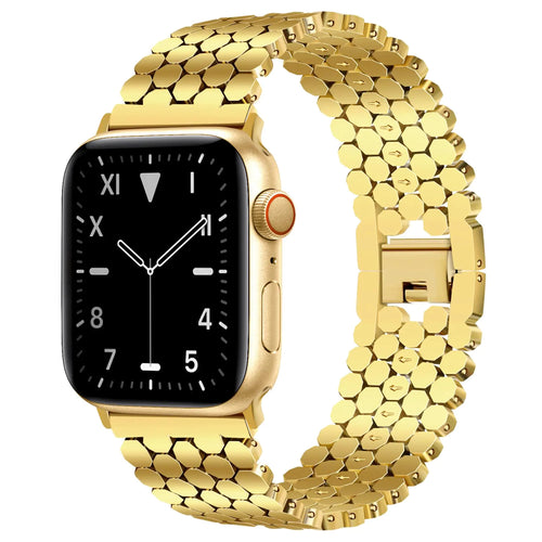 A gold-colored metal band with a honeycomb pattern designed for Apple Watches.