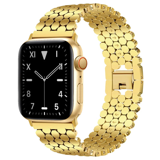 A gold-colored metal band with a honeycomb pattern designed for Apple Watches.