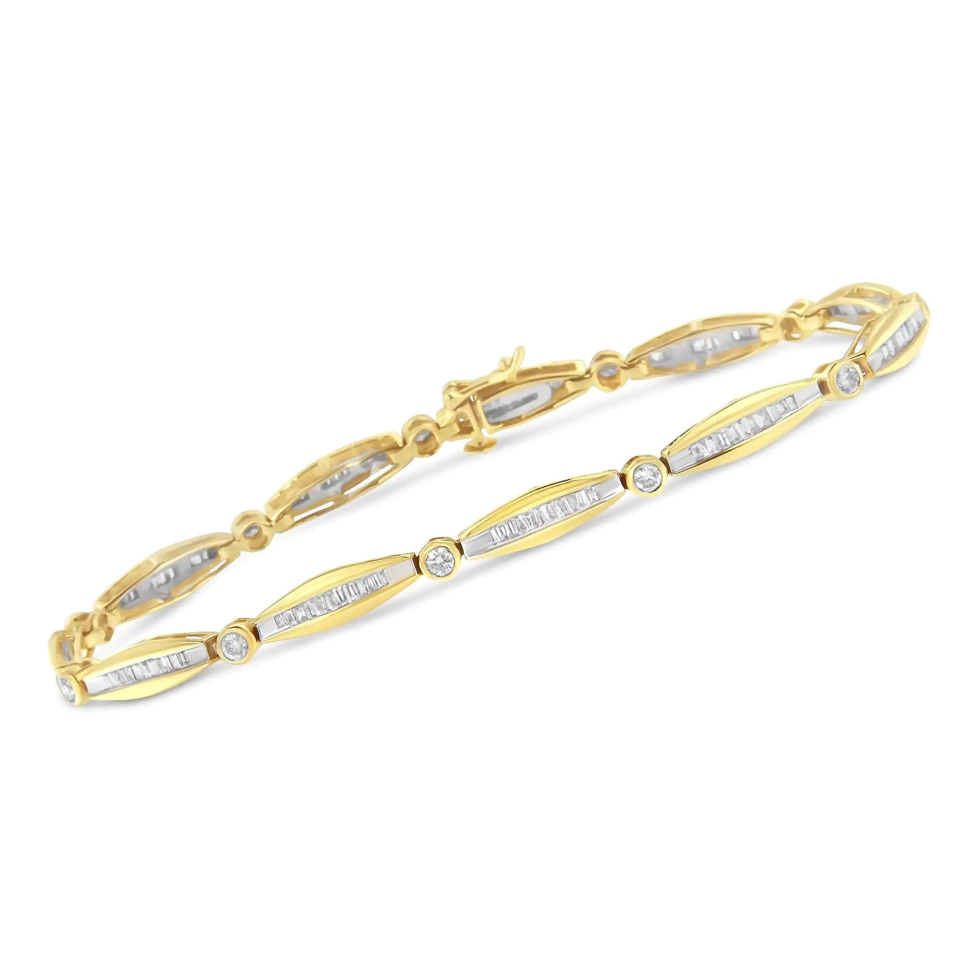 14K Yellow Gold 1-1/2 Cttw Round Brilliant-Cut & Baguette Cut Diamond Bezel and Tapered Link 7" Tennis Bracelet (H-I Color, I1-I2 Clarity) WEM Support (www.WEM.support)