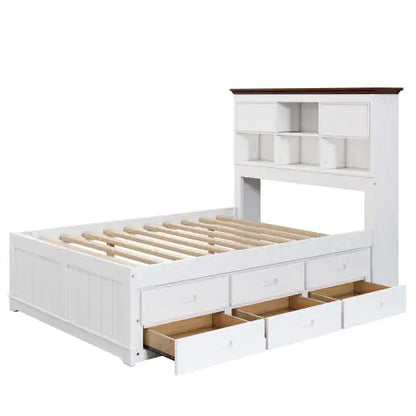 Solid Pine Captain Bookcase Bed With Trundle Bed And 3 Spacious Under Bed Drawers In Casual,Full, White Walnut WEM Support (www.WEM.support)